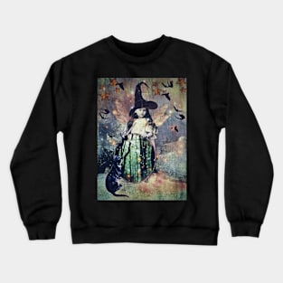 The Little Witch cat, magic stars, vintage mirror Crewneck Sweatshirt